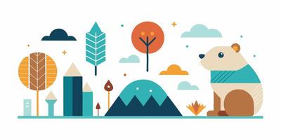 A cartoon bear is surrounded by trees and mountains vector