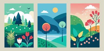 Three vertical banners with trees, mountains and a river vector