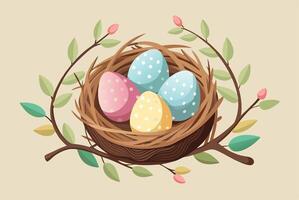 Easter eggs in a nest with branches and leaves vector