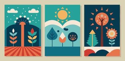 Three vertical banners with trees, sun and clouds vector