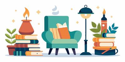 Books, chair, lamp and books on a table vector