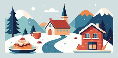 Winter landscape with a house, a cup of coffee and a cake vector