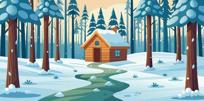 Winter forest with a cabin and a stream vector