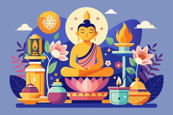 Buddha in lotus position with flowers and candles