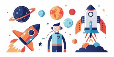 An illustration of a man in space with rockets and planets vector