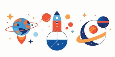 An illustration of a rocket, planets and a space shuttle vector