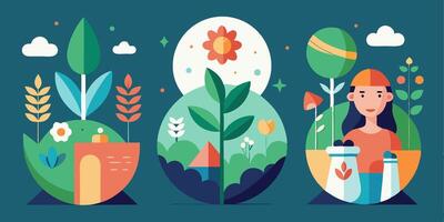 Three different illustrations of people in the garden vector
