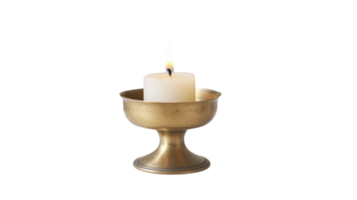 Elegant Brass Candle Holder with a Lit Candle on a Rustic Table, Perfect for Creating a Cozy Ambiance in Your Home or Event Decor. png