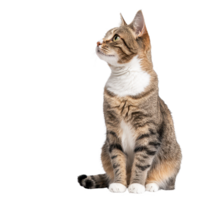 A curious tabby cat sitting elegantly while gazing upwards with a thoughtful expression. png