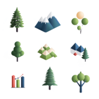 A collection of stylized trees and mountains showcasing nature in a vibrant and artistic design. png
