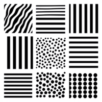 A collection of various black and white patterns featuring lines, dots, and waves on a grid layout. png