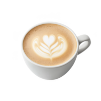 A close-up of a coffee cup with latte art, showcasing intricate designs with creamy texture on a white isolated background. png