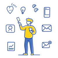 A person interacting with various digital icons, representing communication and connection in a vibrant, modern style. png
