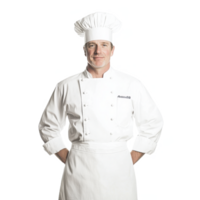 Chef in a white uniform and hat, posing confidently with hands on hips, isolated on a white background. png