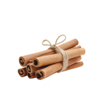 Bundle of cinnamon sticks tied with twine, showcasing natural texture against a white background. png