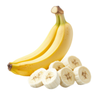 Fresh bananas, whole and sliced, on a white isolated background, showcasing vibrant yellow color and smooth texture. png