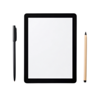 Tablet device with a blank screen and pens, arranged neatly on a white surface, ideal for creative work. png