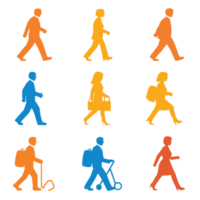 Set of colorful walking figures in various poses on a white isolate background. png