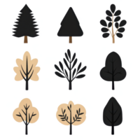 Set of various stylized trees on a white background, showcasing different leaf shapes and sizes. png