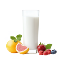 Refreshing glass of milk surrounded by fresh fruits, including grapefruit, lemon, raspberries, and blueberries on a white isolate background. png