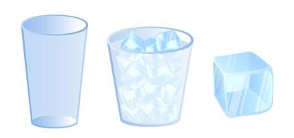 A set of illustrations showing an empty glass, a glass filled with ice cubes, and a single ice cube vector
