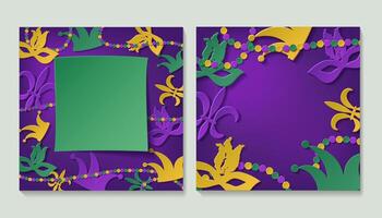 A set of elegant frames with carnival masks, beads, confetti, fleur de lis. vector