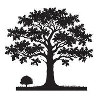 Black Silhouette of a Large Oak Tree and Small Sapling vector