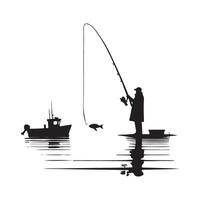 Silhouette of a Fisherman Casting His Line Near a Boat vector