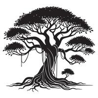 Silhouette Illustration of a Large Banyan Tree with Roots vector