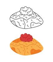 Two pancakes folded into a rectangle with caviar on top. Hand drawn clip art for your project. vector
