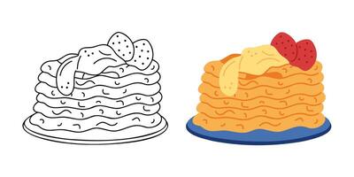 Two stacks of pancakes with strawberries and cream on a plate. Hand drawn clip art for your project. vector