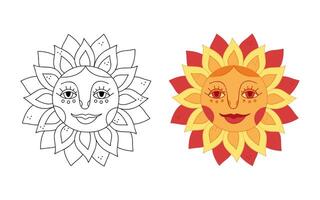 Two suns with a face for Shrovetide, black and colored. Hand drawn clip art for your project. vector