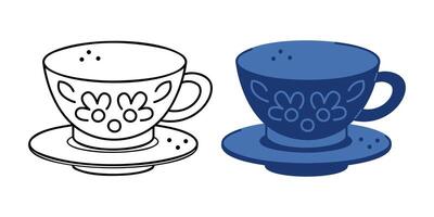 Two patterned cups and saucers. Hand drawn clip art for your project. vector