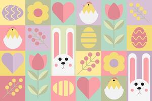 Geometric Easter pattern with bunny, chick, eggs and carrot vector