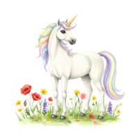 Enchanting unicorn in blooming meadow transparent background whimsical illustration playful vibes colorful fantasy png