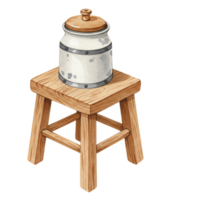 Rustic wooden stool with a jar transparent background still life natural setting close-up view home decor concept png