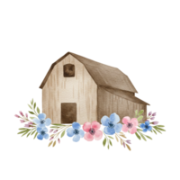 Charming barn illustration with floral accents on transparent background rustic art nature theme digital design eye-catching view png
