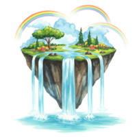 Floating island paradise with waterfalls and rainbows digital art transparent background fantasy landscape png