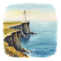 Lighthouse at cliff's edge coastal landscape transparent background tranquil seascape aerial view nature's serenity png