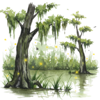 Enchanting glow of fireflies in a serene wetland landscape nature scene with transparent background png