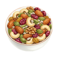 Healthy nut and seed snack bowl kitchen food illustration transparent background close-up view nutritional concept png