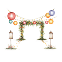 Festive lantern archway outdoor garden watercolor art nature front view transparent background design png