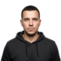 Portrait of a serious young man studio setting photography neutral background close-up expression of contemplation png