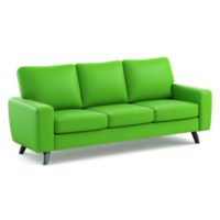 Vibrant lime green sofa, modern design, three-seater couch, sleek curved armrests, plush cushions, tapered black legs, minimalist style, bold color, contemporary furniture, l png