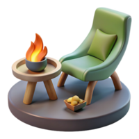 Cozy Render of a Green Armchair by a Table with a Fire png