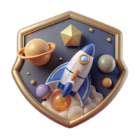 Render of a Cute Rocket Launching in Space, Shield Badge Design, Cartoon Space Scene, Galaxy Illustration, Cosmic Adventure, Planets and Stars, Fantasy Artwork png