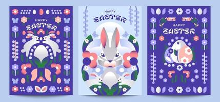 Happy Easter. 3 illustrations in Scandinavian style. Decorative symmetrical design with bunnies, Easter eggs and bunch of flowers. Gentle, pastel palette. Ideal for flyers, branding, posters and more vector