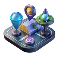 Vibrant Isometric Navigation App Illustration Location Pins, Map Interface, and Futuristic Elements png