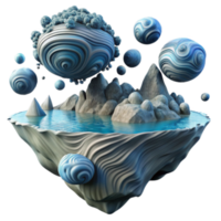 Whimsical Render of Floating Island with Swirling Blue Spheres and Mountains png