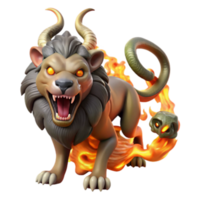 Fiery Lion Creature Render, Mythical Beast Illustration with Flaming Tail and Horns png